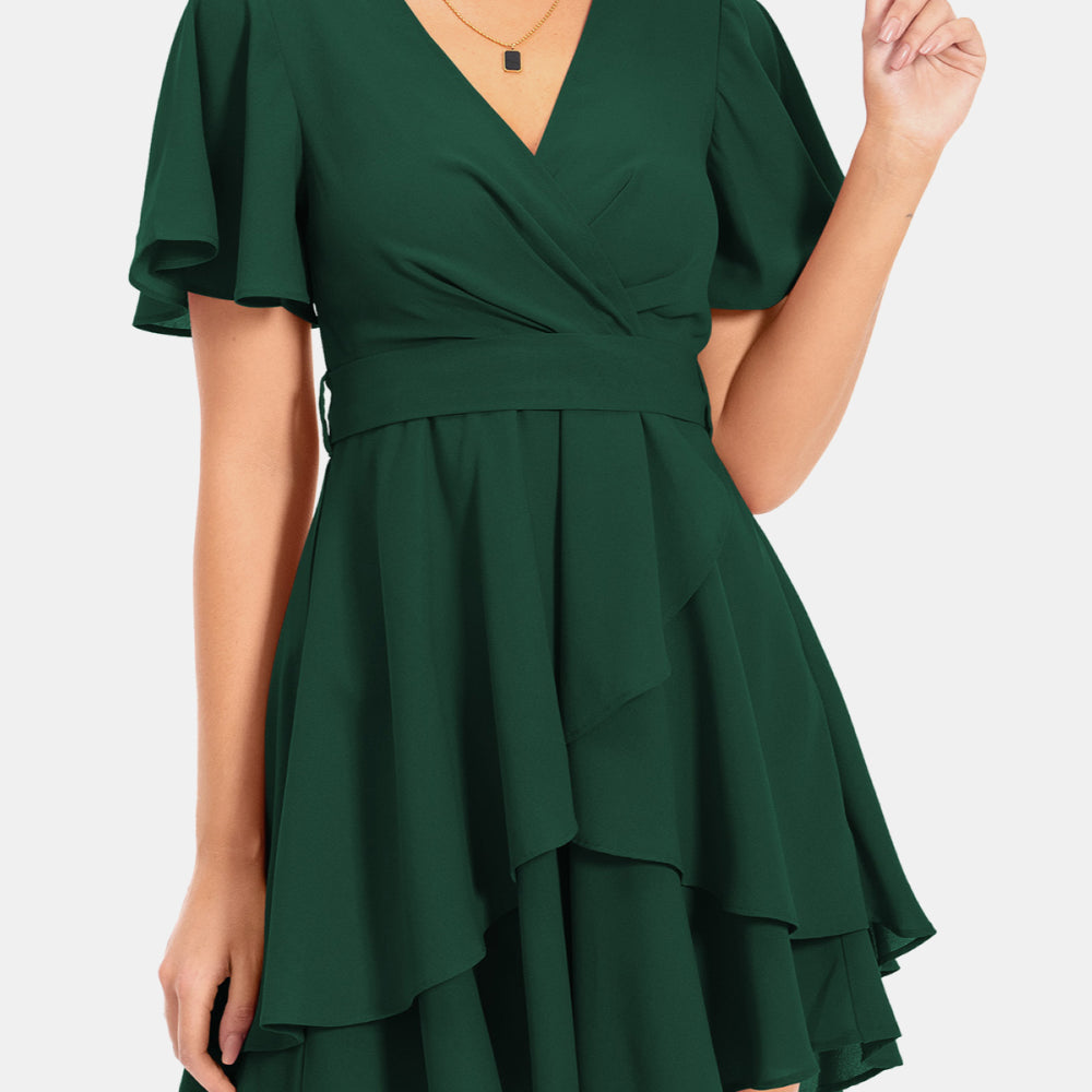 Surplice Neck Flutter Sleeve Dress - Guy Christopher 