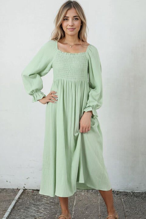 Smocked Flounce Sleeve Square Neck Dress - Guy Christopher 