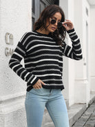 Striped Round Neck Dropped Shoulder Sweater - Guy Christopher 