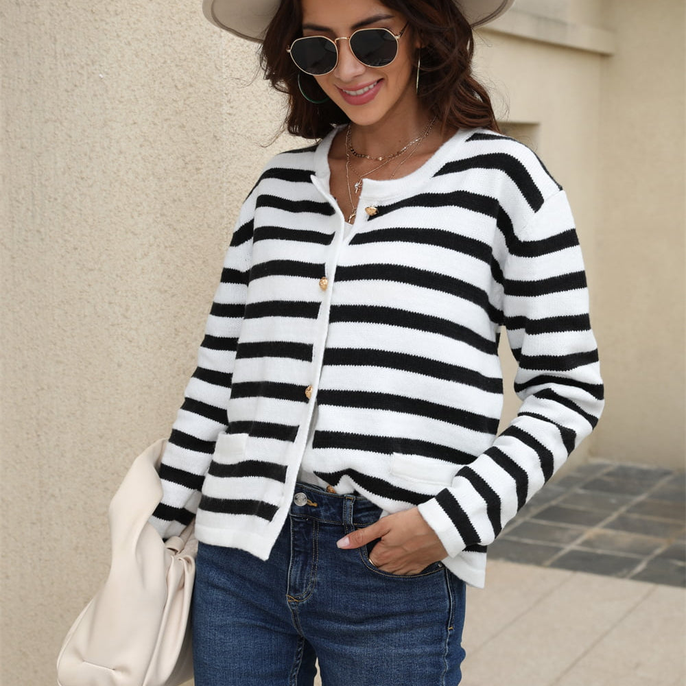 Striped Round Neck Button-Down Dropped Shoulder Cardigan - Guy Christopher 