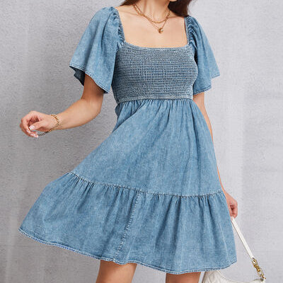 Smocked Square Neck Mini Denim Dress