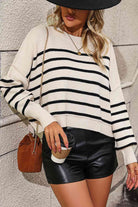 Striped Dropped Shoulder Round Neck Pullover Sweater - Guy Christopher 