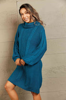 Woven Right Mixed Knit Turtleneck Lantern Sleeve Sweater Dress - Guy Christopher 