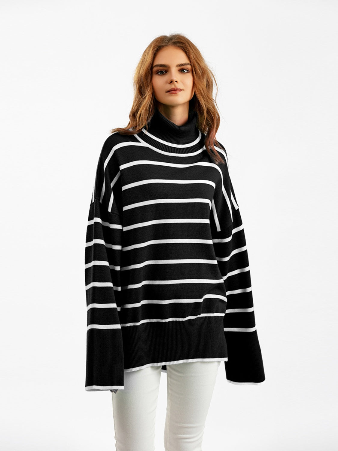 Striped Drop Shoulder Turtleneck Sweater - Guy Christopher 