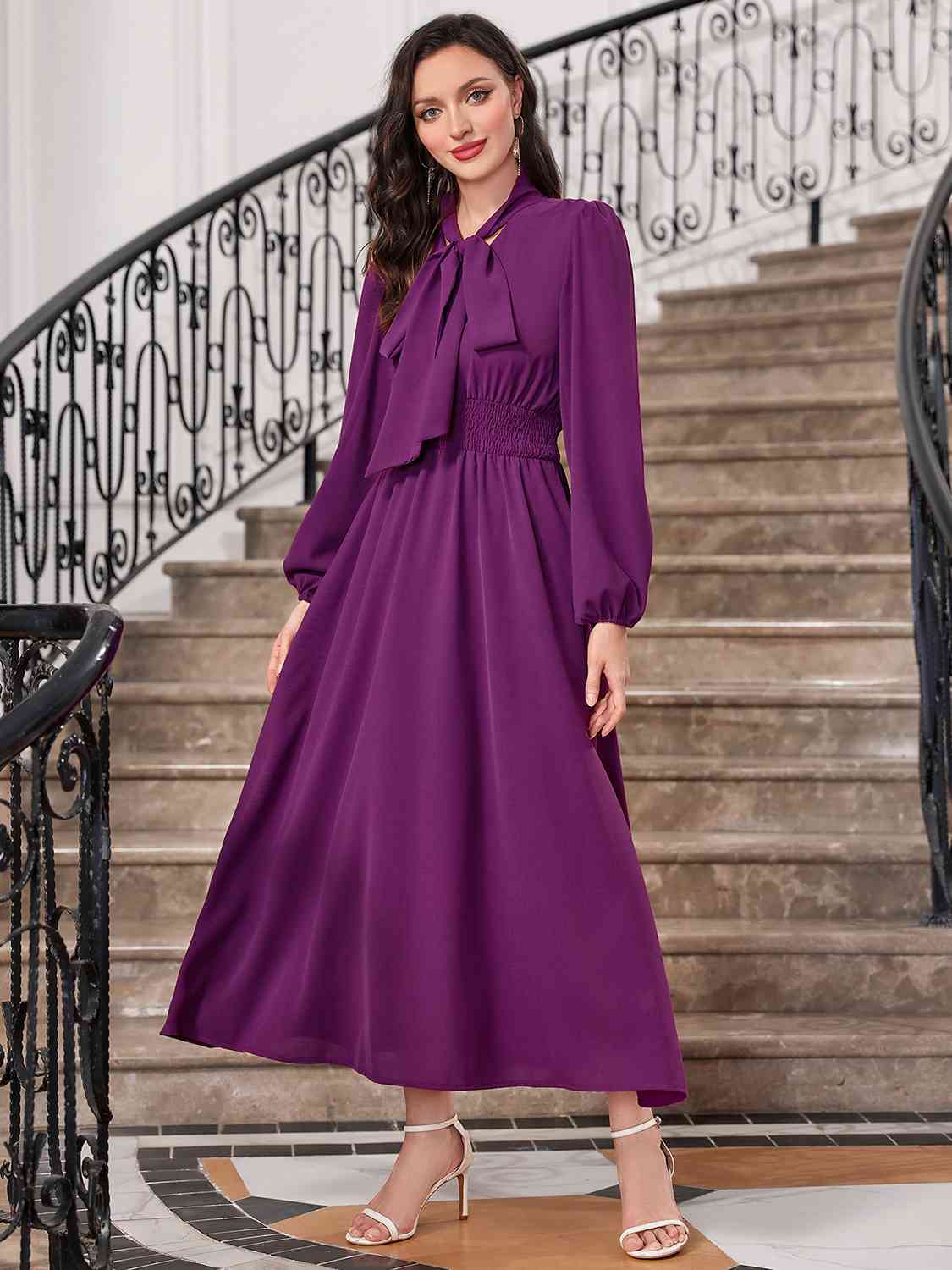 Tie-Neck Balloon Sleeve Dress - Guy Christopher 