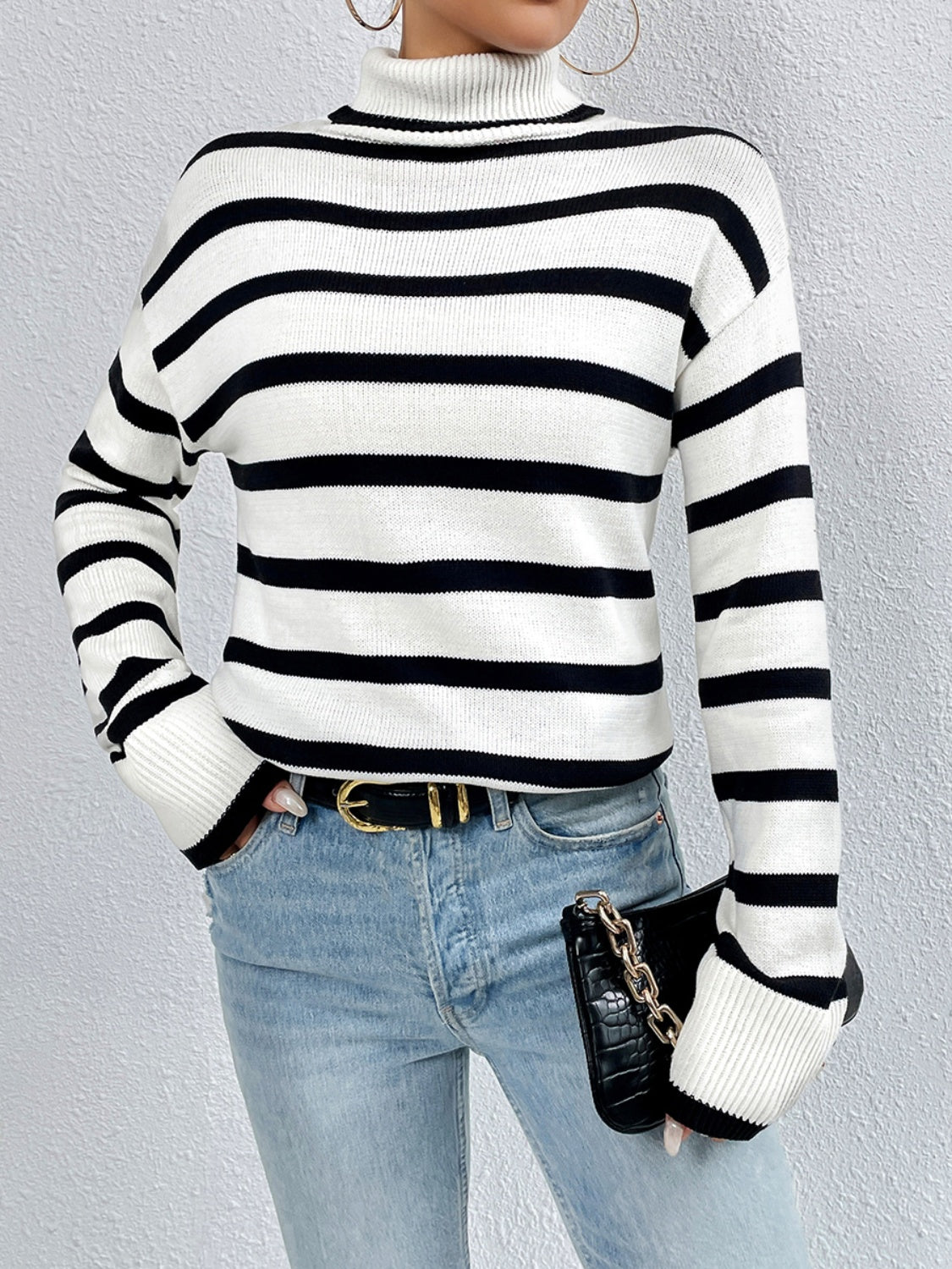 Striped Turtleneck Drop Shoulder Sweater - Guy Christopher 