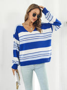 Striped V-Neck Long Sleeve Knit Top - Guy Christopher 