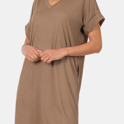 Zenana Rolled Short Sleeve V-Neck Dress