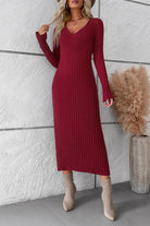 V-Neck Long Sleeve Ribbed Sweater Dress - Guy Christopher 