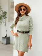 Turtleneck Long Sleeve Slit Sweater Dress - Guy Christopher 