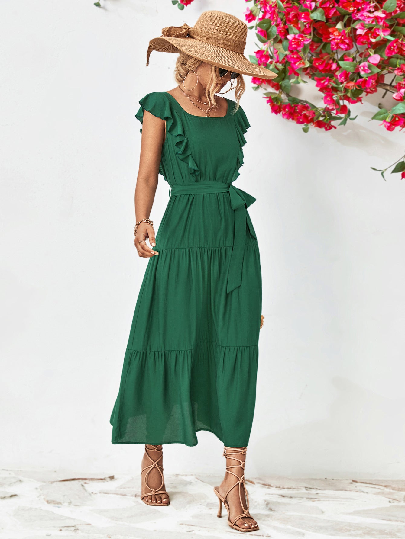 Tie Belt Ruffled Tiered Dress - Guy Christopher 