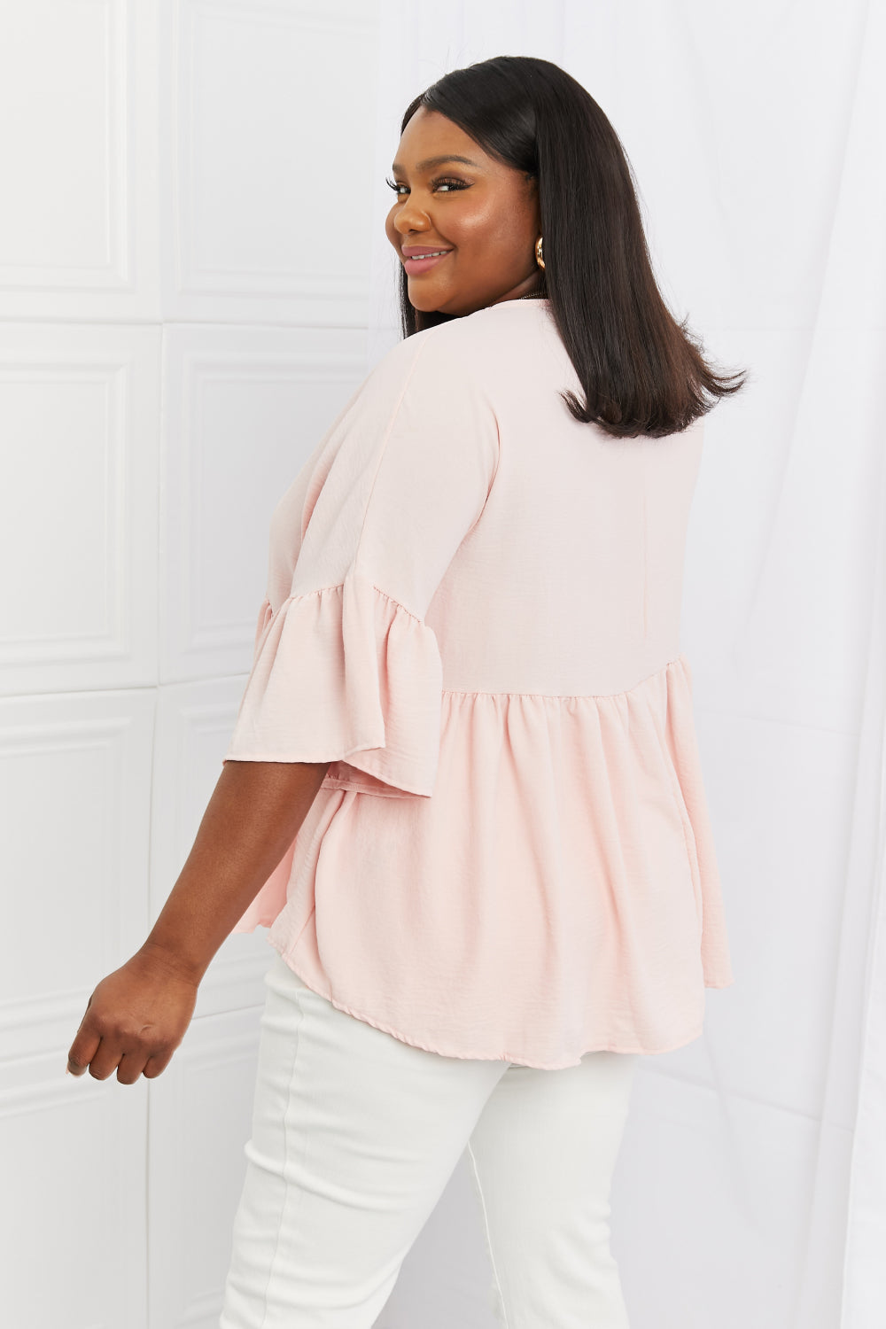 Celeste Look At Me Full Size Flowy Ruffle Sleeve Top in Pink - Guy Christopher 