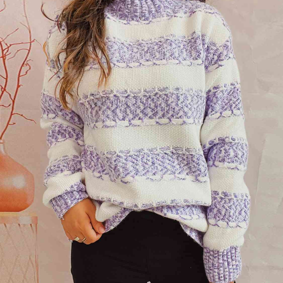 Striped Turtleneck Long Sleeve Sweater - Guy Christopher 