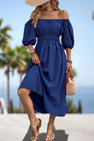 Square Neck Smocked Waist Puff Sleeve Midi Dress - Guy Christopher 