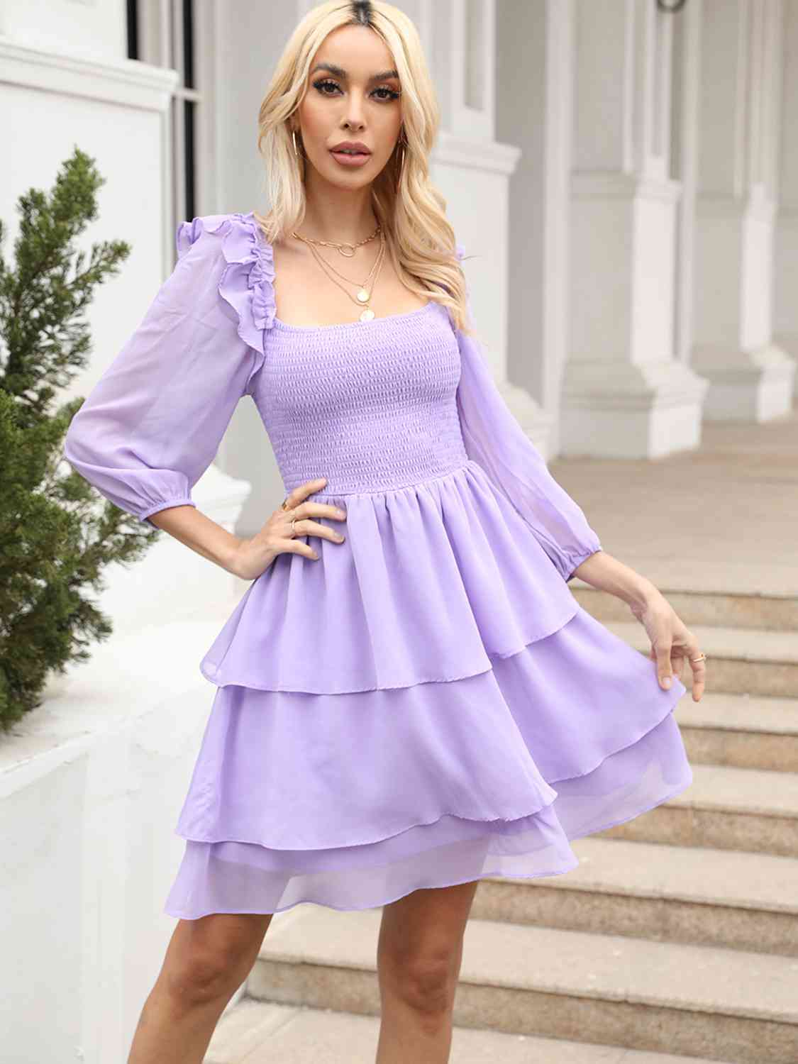 Smocked Square Neck Layered Dress - Guy Christopher 