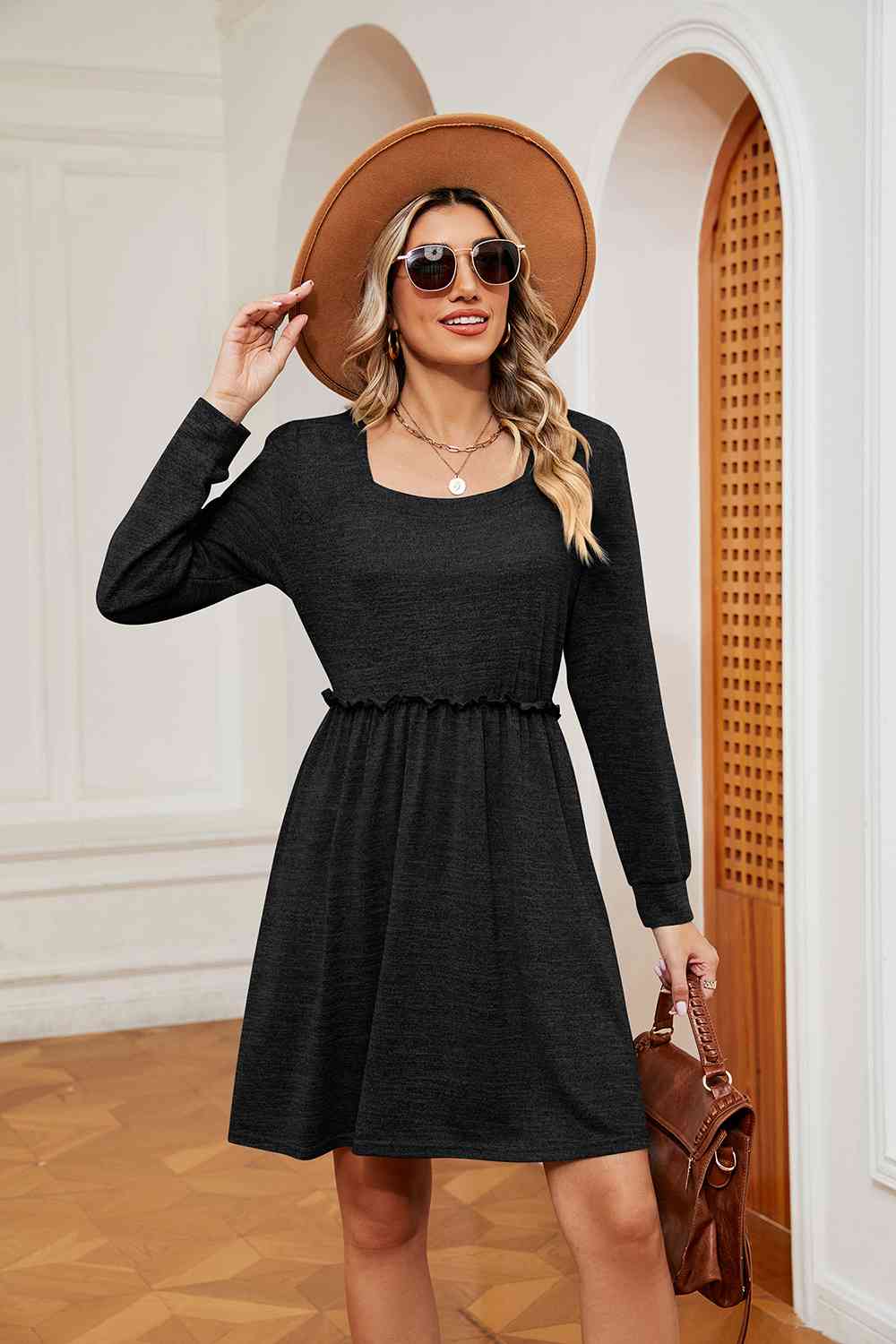 Square Neck Long Sleeve Dress - Guy Christopher 