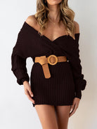 Surplice Neck Long Sleeve Sweater Dress - Guy Christopher 