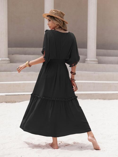 Tassel Trim Smocked V-Neck Short Sleeve Dress - Guy Christopher 