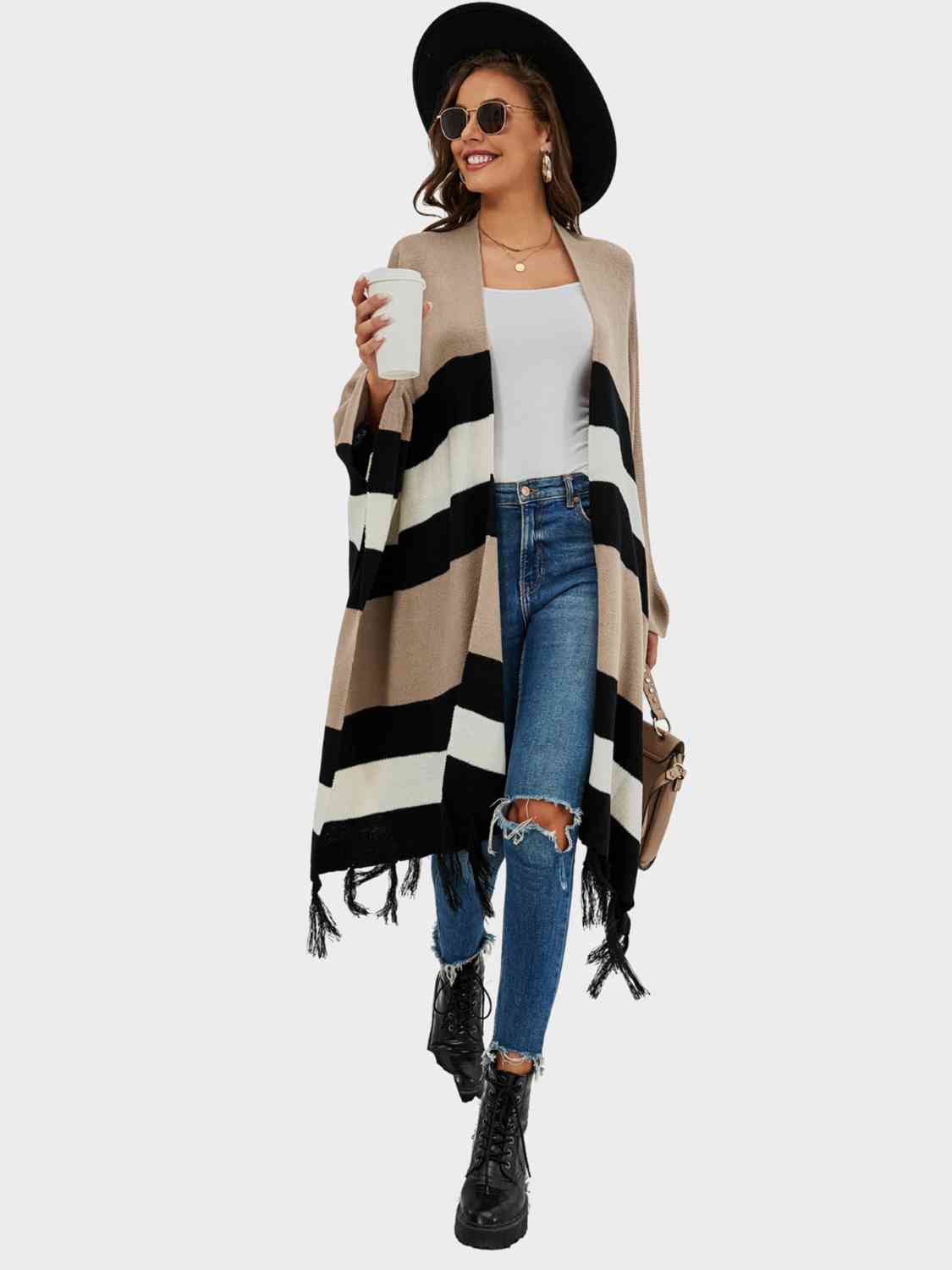 Striped Open Front Fringe Cardigan - Guy Christopher 