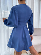 Round Neck Tie Waist Long Sleeve Mini Dress - Guy Christopher 