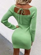 Tie Back Square Neck Long Sleeve Sweater Dress - Guy Christopher 