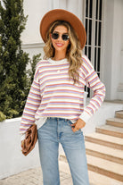 Striped Round Neck Dropped Shoulder Knit Top - Guy Christopher 