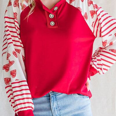 Heart Striped Quarter Button Long Sleeve T-Shirt