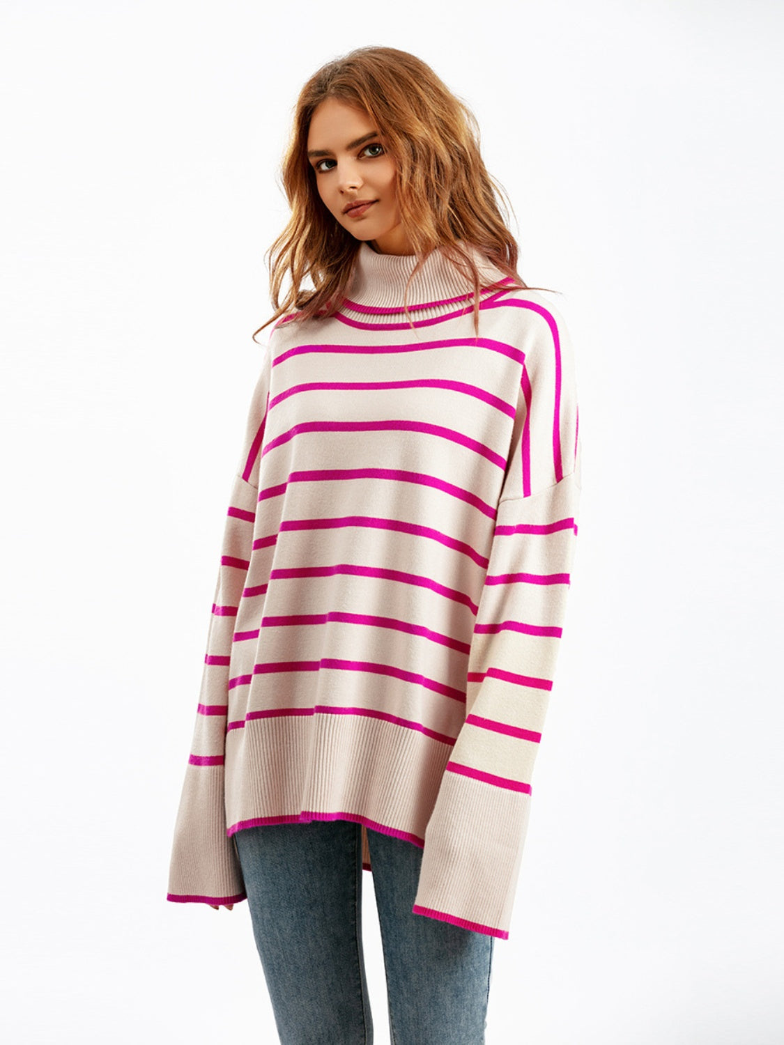 Striped Drop Shoulder Turtleneck Sweater - Guy Christopher 