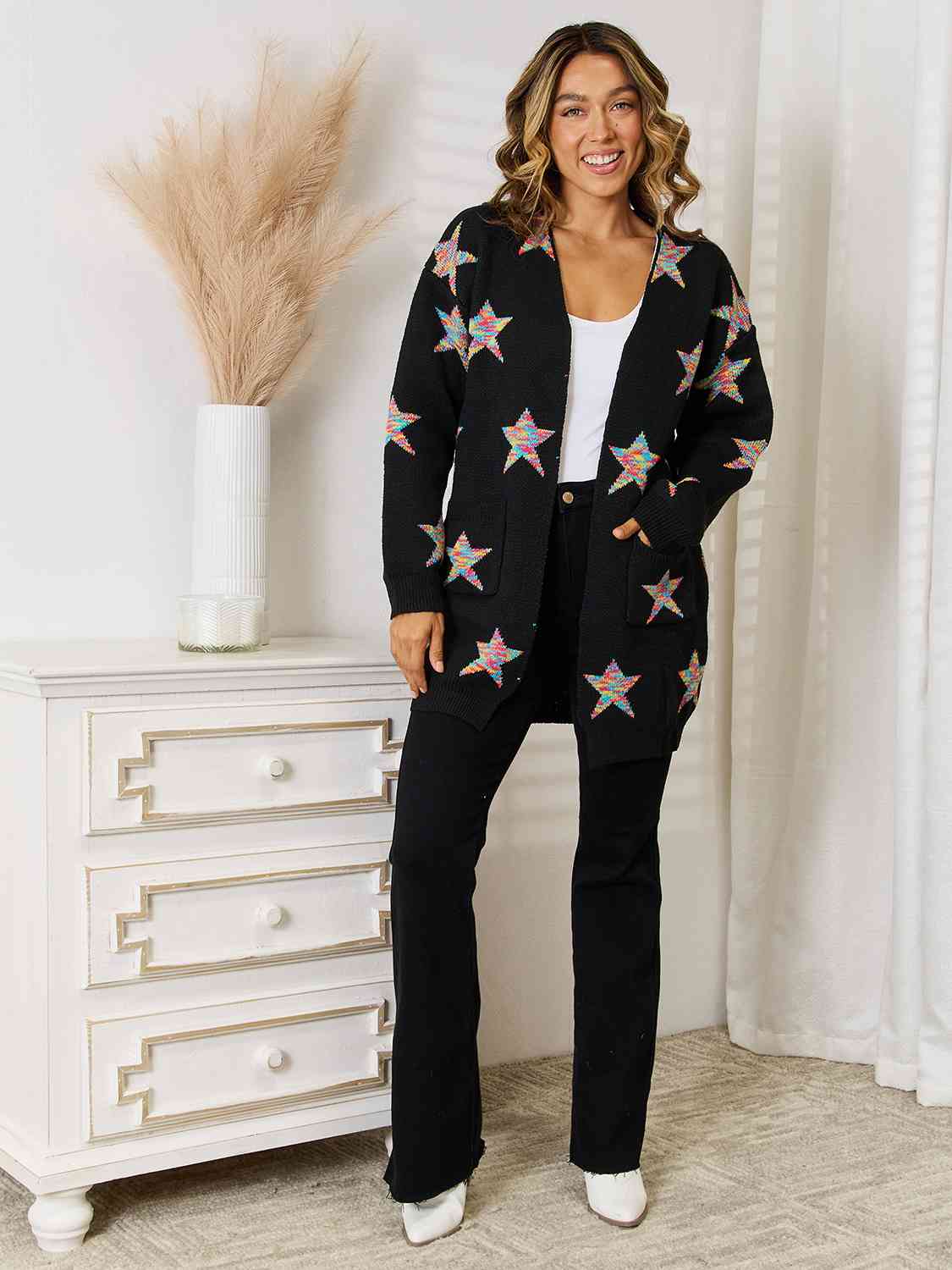 Star Pattern Open Front Cardigan with Pockets - Guy Christopher 
