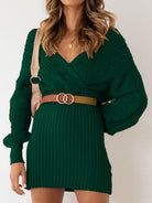 Surplice Neck Long Sleeve Sweater Dress - Guy Christopher 