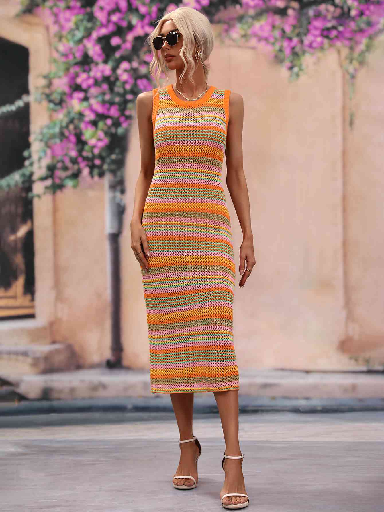 Striped Round Neck Sleeveless Midi Cover Up Dress - Guy Christopher 