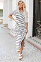 Striped V-Neck Slit Dress - Guy Christopher 