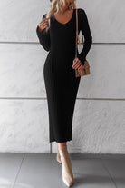 V-Neck Long Sleeve Ribbed Sweater Dress - Guy Christopher 