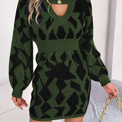 Contrast Round Neck Cutout Long Sleeve Mini Sweater Dress