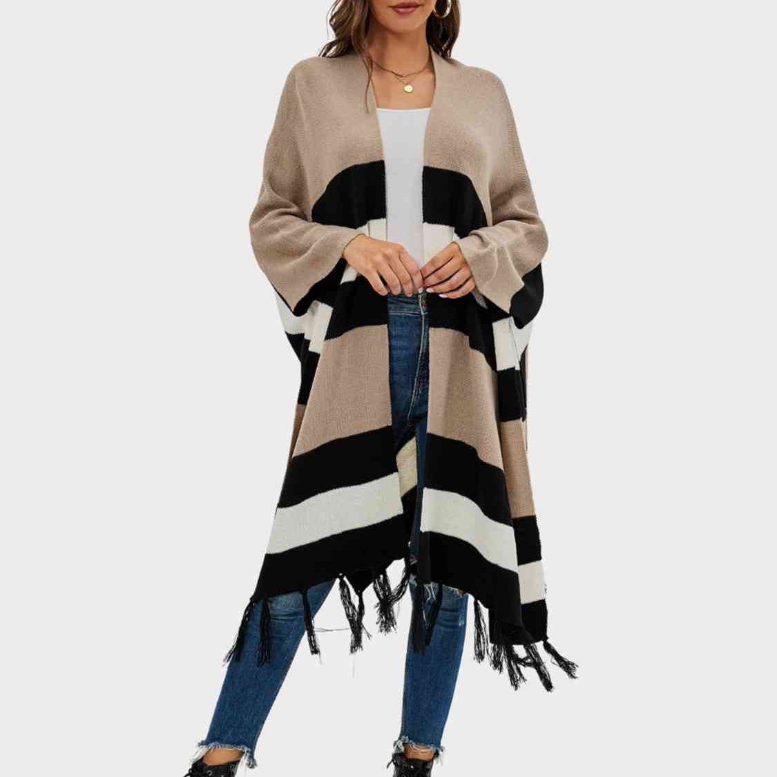 Striped Open Front Fringe Cardigan - Guy Christopher 