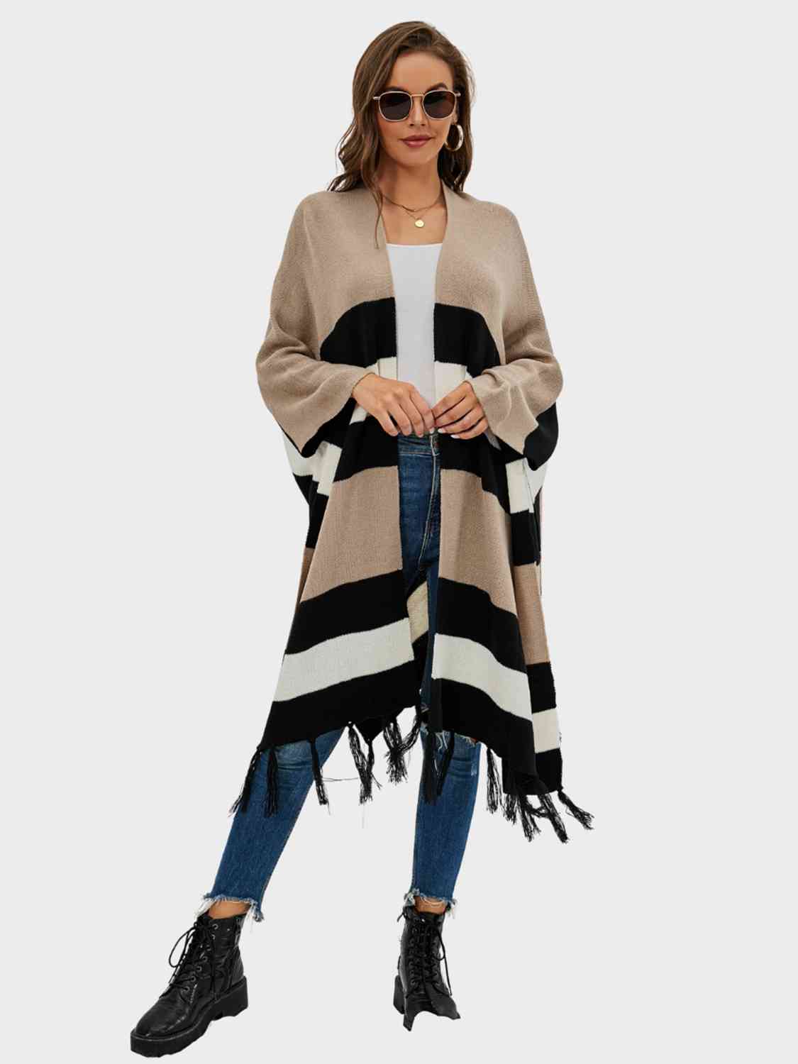 Striped Open Front Fringe Cardigan - Guy Christopher 