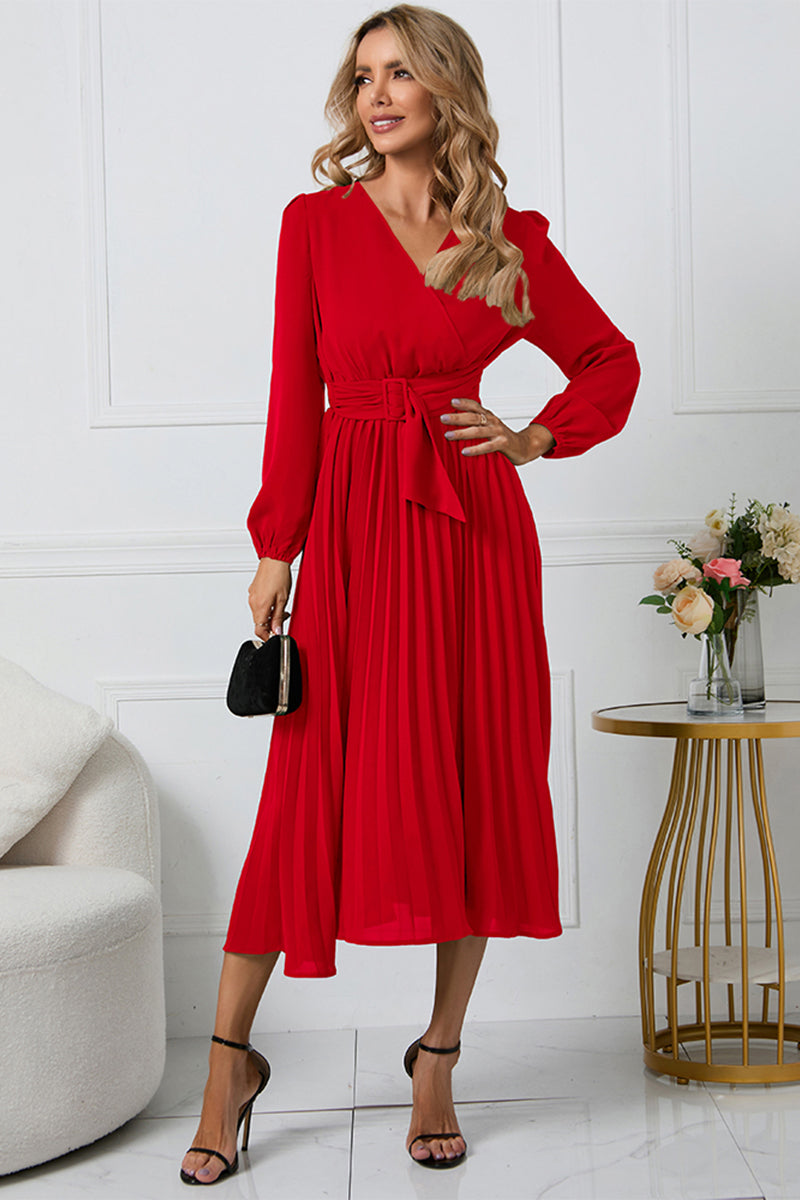 V-Neck Long Sleeve Tie Waist Midi Dress - Guy Christopher 