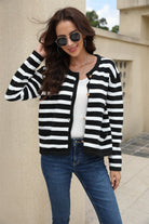 Striped Round Neck Button-Down Dropped Shoulder Cardigan - Guy Christopher 