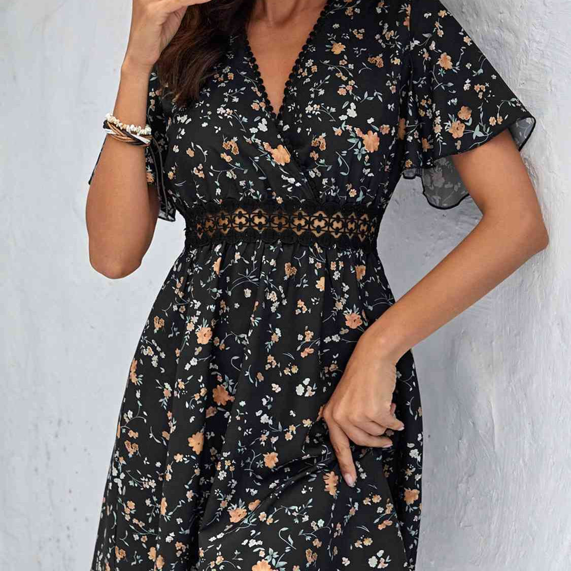 V Neck Flare Sleeve Floral Mini Dress - Guy Christopher 