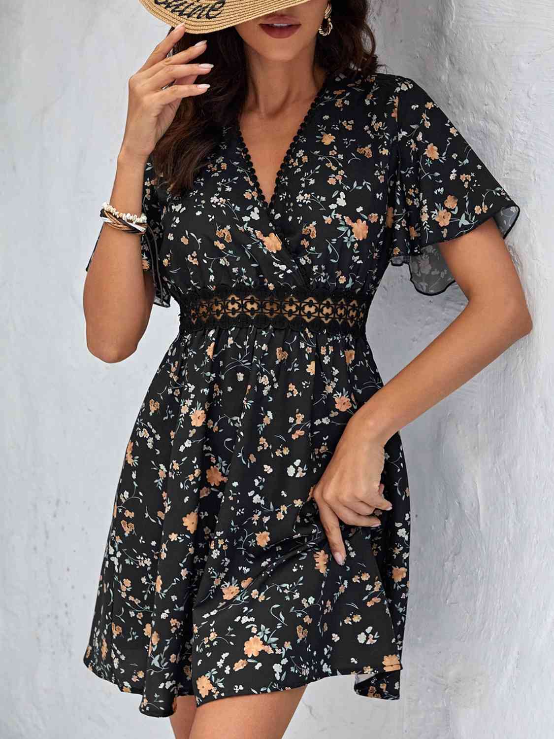 V Neck Flare Sleeve Floral Mini Dress - Guy Christopher 