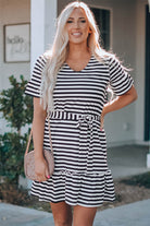 Striped Tie-Waist Frill Trim V-Neck Dress - Guy Christopher 