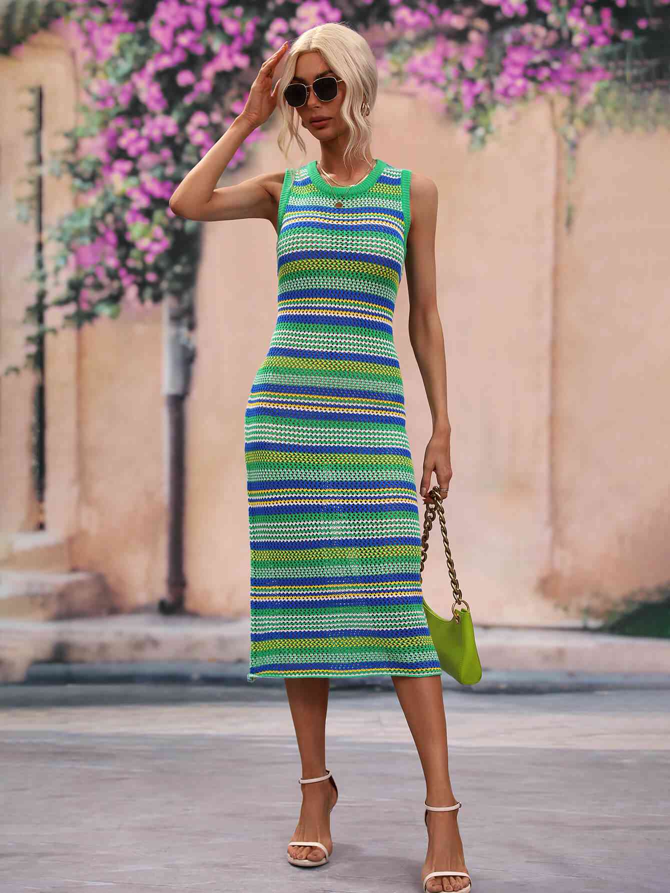 Striped Round Neck Sleeveless Midi Cover Up Dress - Guy Christopher 