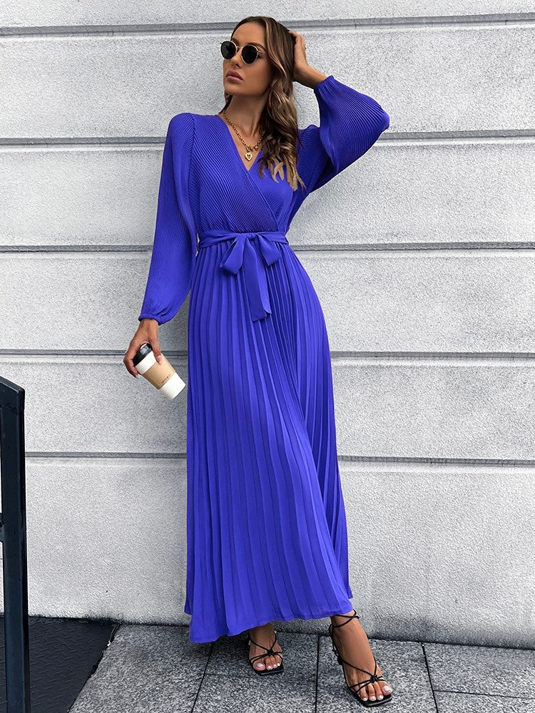 V-Neck Tie Waist Pleated Maxi Dress - Guy Christopher 