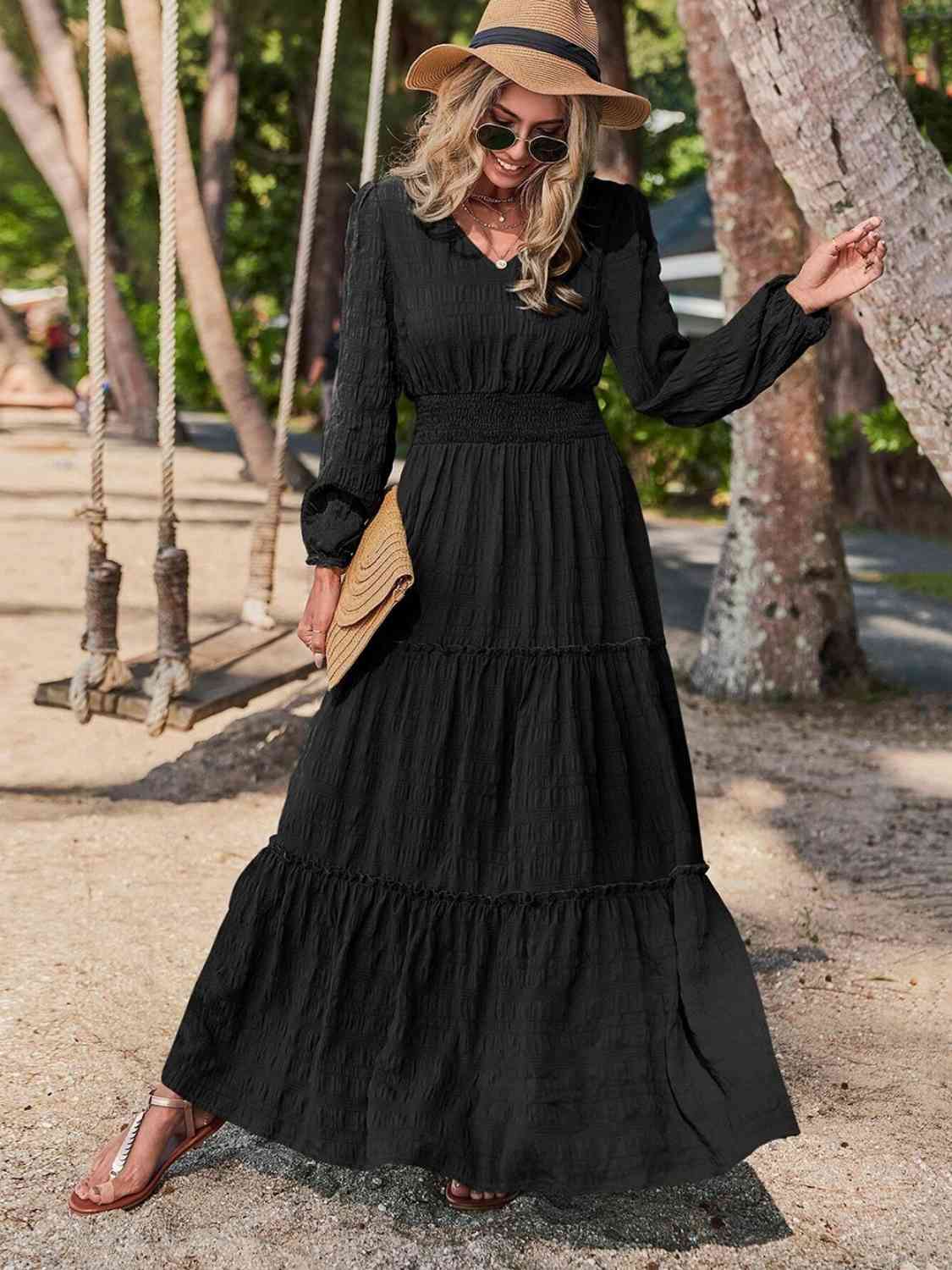 Smocked Waist V-Neck Maxi Dress - Guy Christopher 