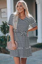 Striped Tie-Waist Frill Trim V-Neck Dress - Guy Christopher 