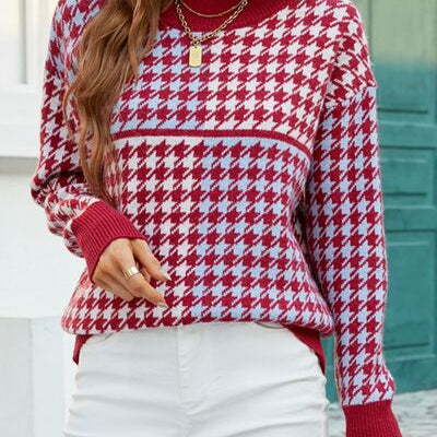 Houndstooth Round Neck Dropped Shoulder Sweater