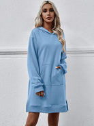 Slit Long Sleeve Hooded Dress with Pocket - Guy Christopher 