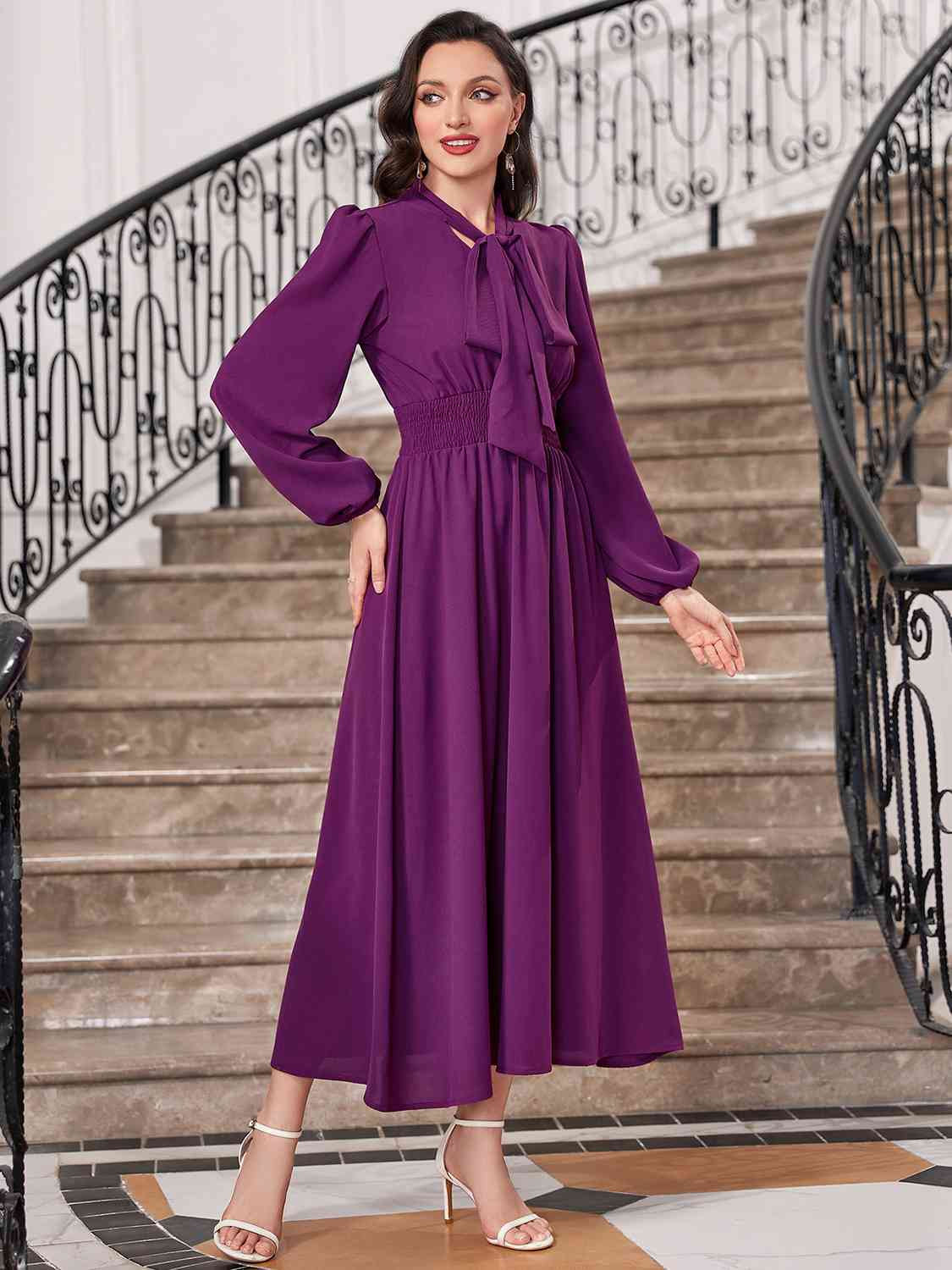 Tie-Neck Balloon Sleeve Dress - Guy Christopher 