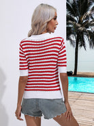 Striped Johnny Collar Half Sleeve Knit Top - Guy Christopher 