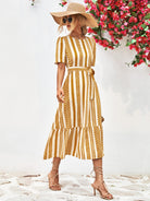 Striped Tie Belt Round Neck Puff Sleeve Dress - Guy Christopher 